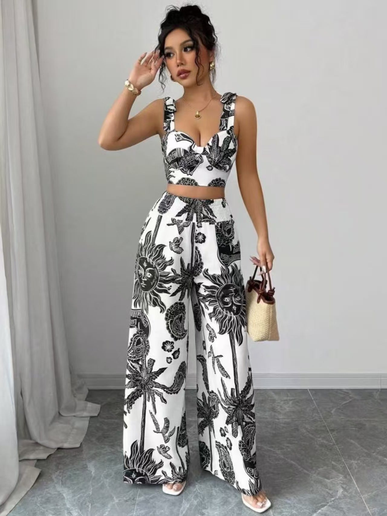 Sexy V-Neck Strap Vest with Loose Wide Leg Pants Set