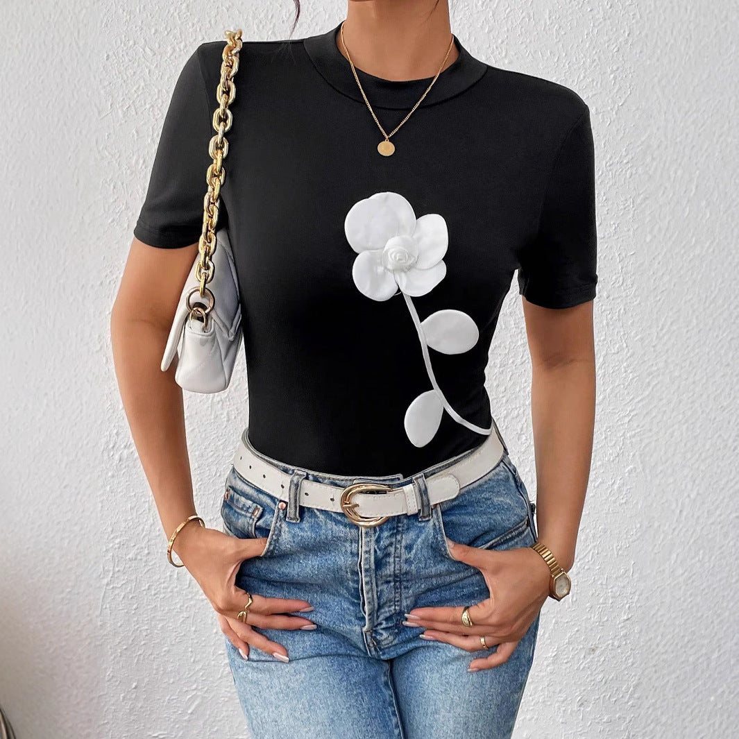 Ladies Slim Fit Black 3D Floral Embroidered Short Sleeve Pullover