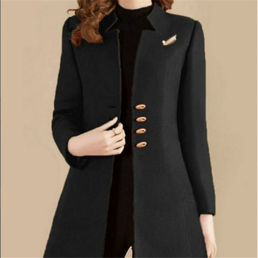 Women's Autumn Winter Slim Solid Color Polyester Woolen Coat Jacket with Hood