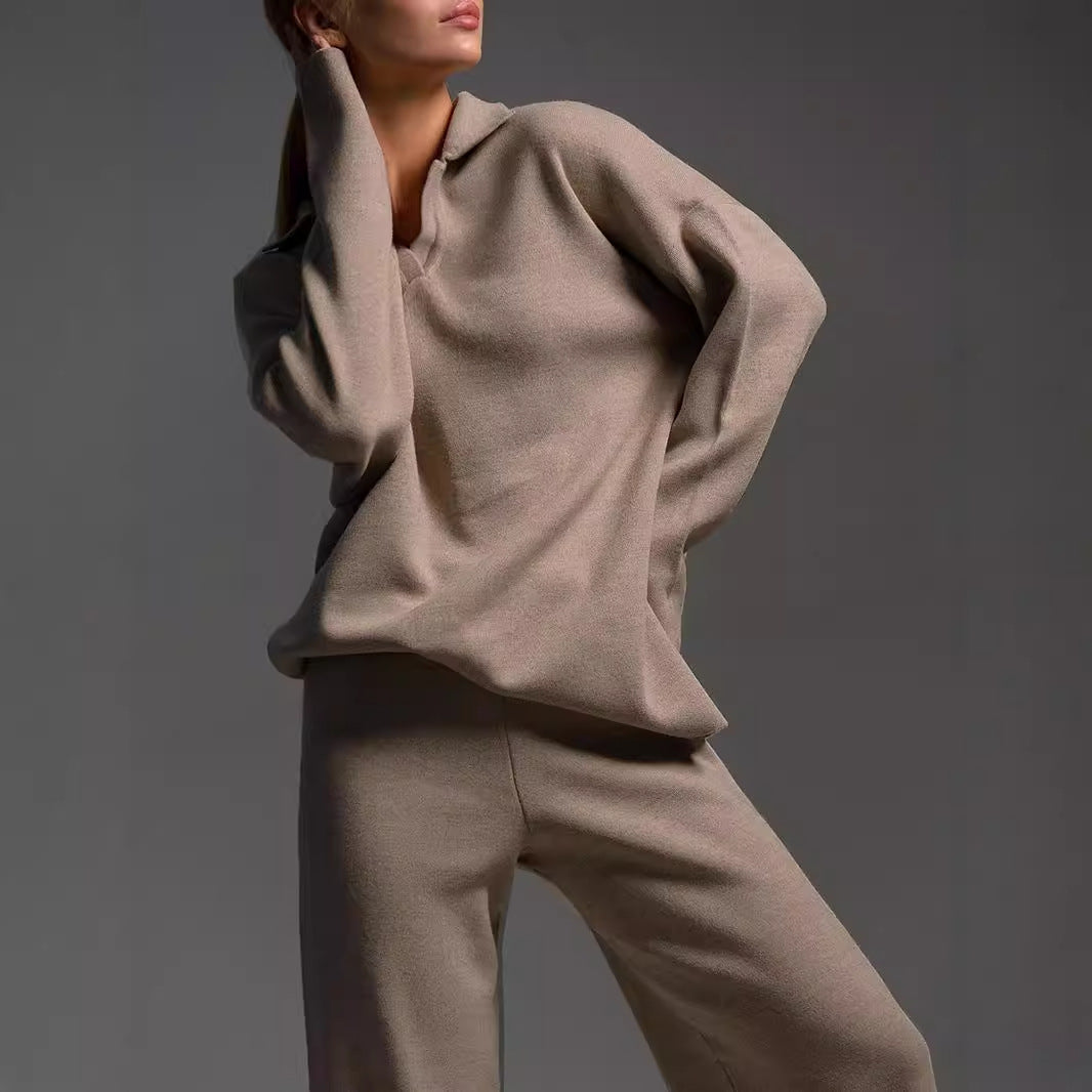 Women's Casual Sweatshirt Set Long-Sleeve Pullover Top & Loose Straight-Leg Pants