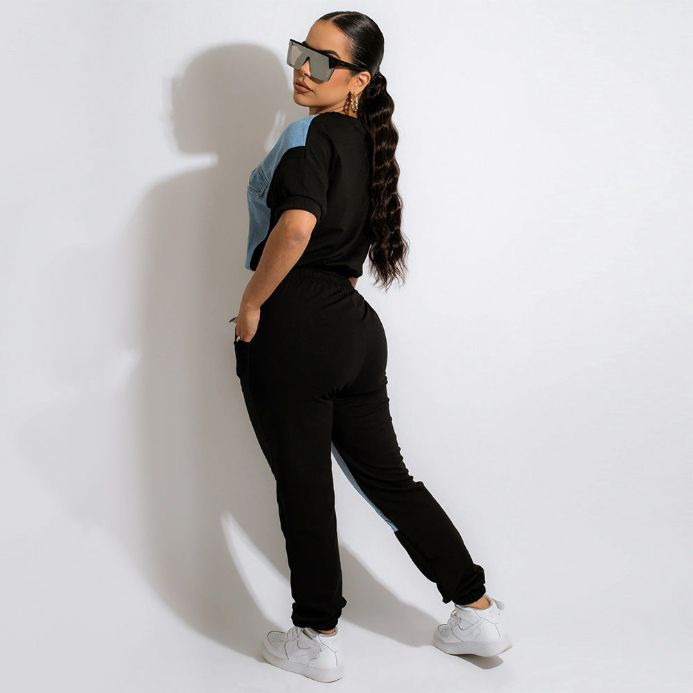 Casual Denim Stitching Tops Pants Suit Female Two-piece