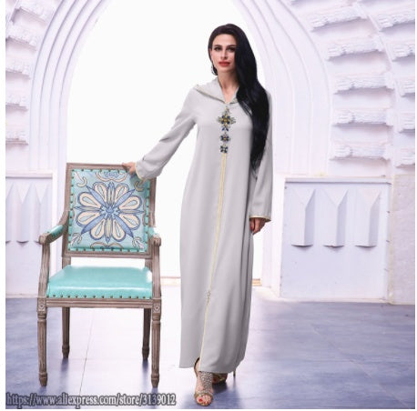 Pure Color Beaded Hooded Middle Eastern Robe Dress