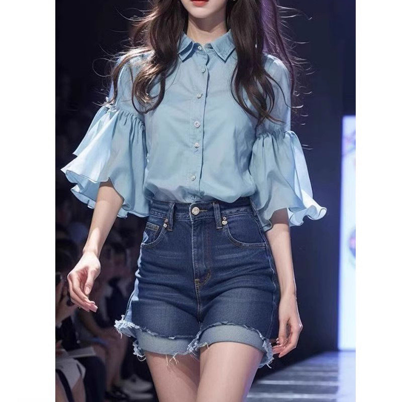 Blue Bell Sleeve Chiffon Shirt Pullover