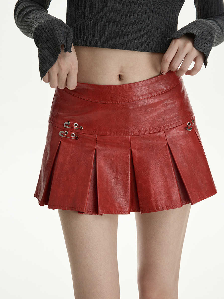 High Waist Pleated A-Line PU Leather Skirt for Women