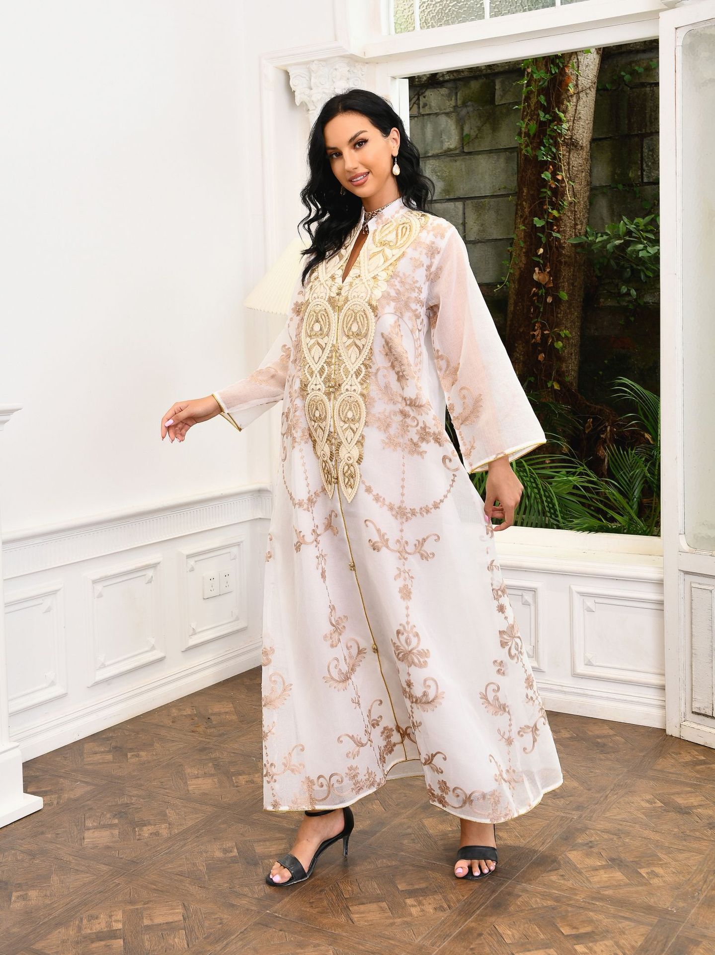 Arabian Women's Casual Embroidered Dress in White, Blue & Apricot