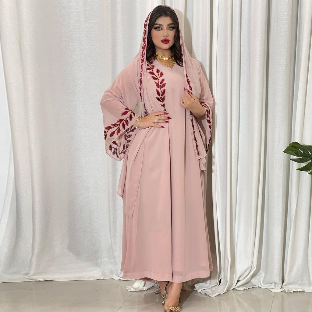 Elegant Pink Embroidered V-Neck Muslim Women's Dress with Headband