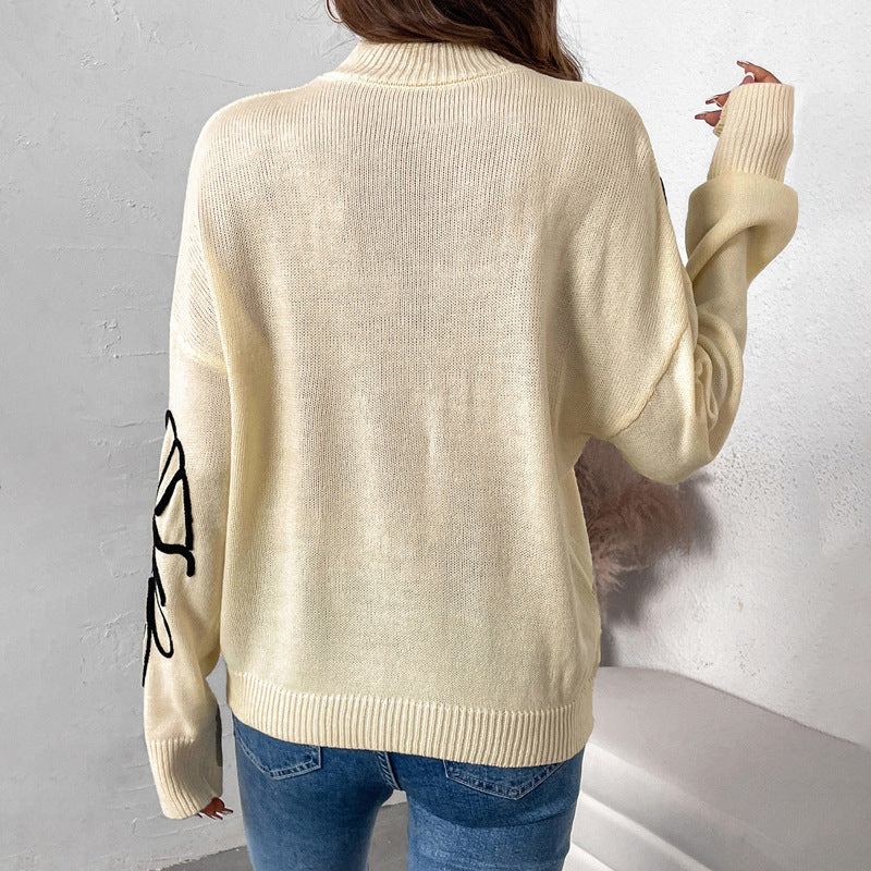 Women's Apricot Half Turtleneck Flower Print Sweater
