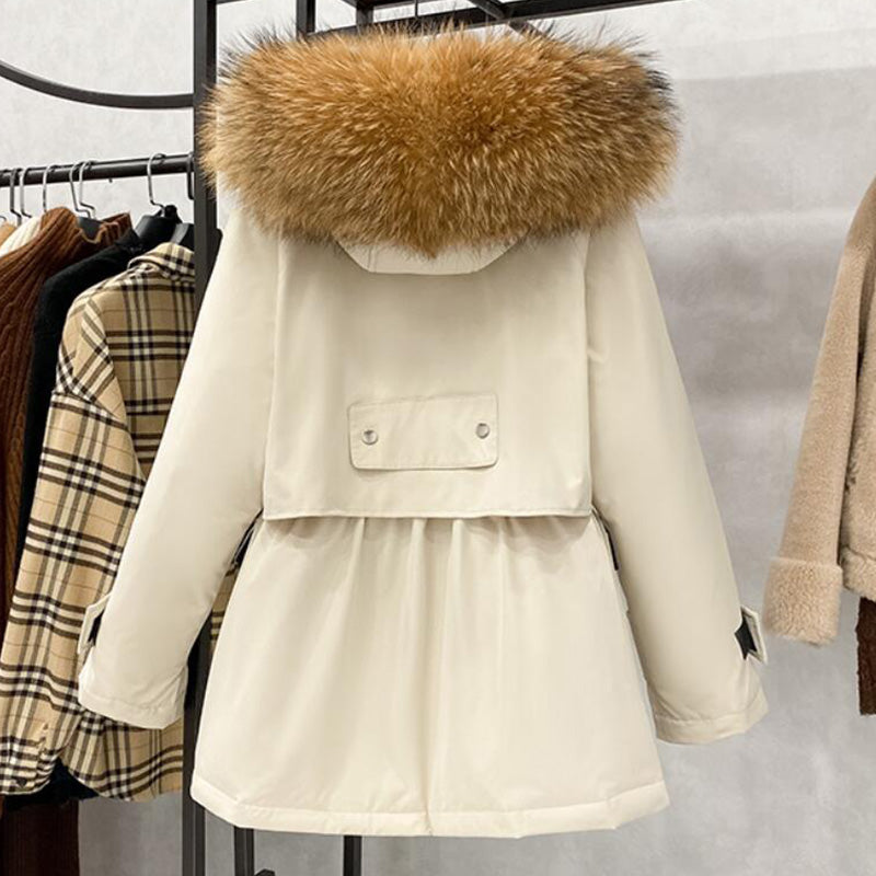 Manteau long d'hiver en duvet pour femme avec capuche en fourrure naturelle de raton laveur et de renard