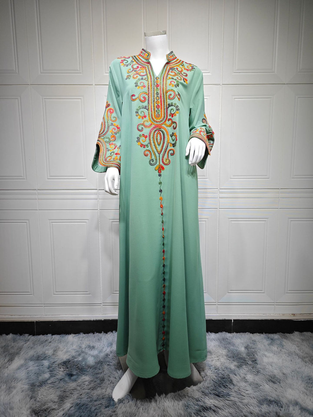 Robe longue en polyester à manches longues et corde brodée automne-hiver