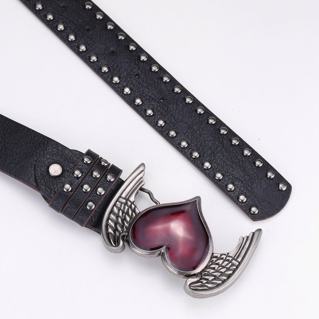 Heart Wings PU Leather Belt with Alloy Buckle, 108cm, Black & White