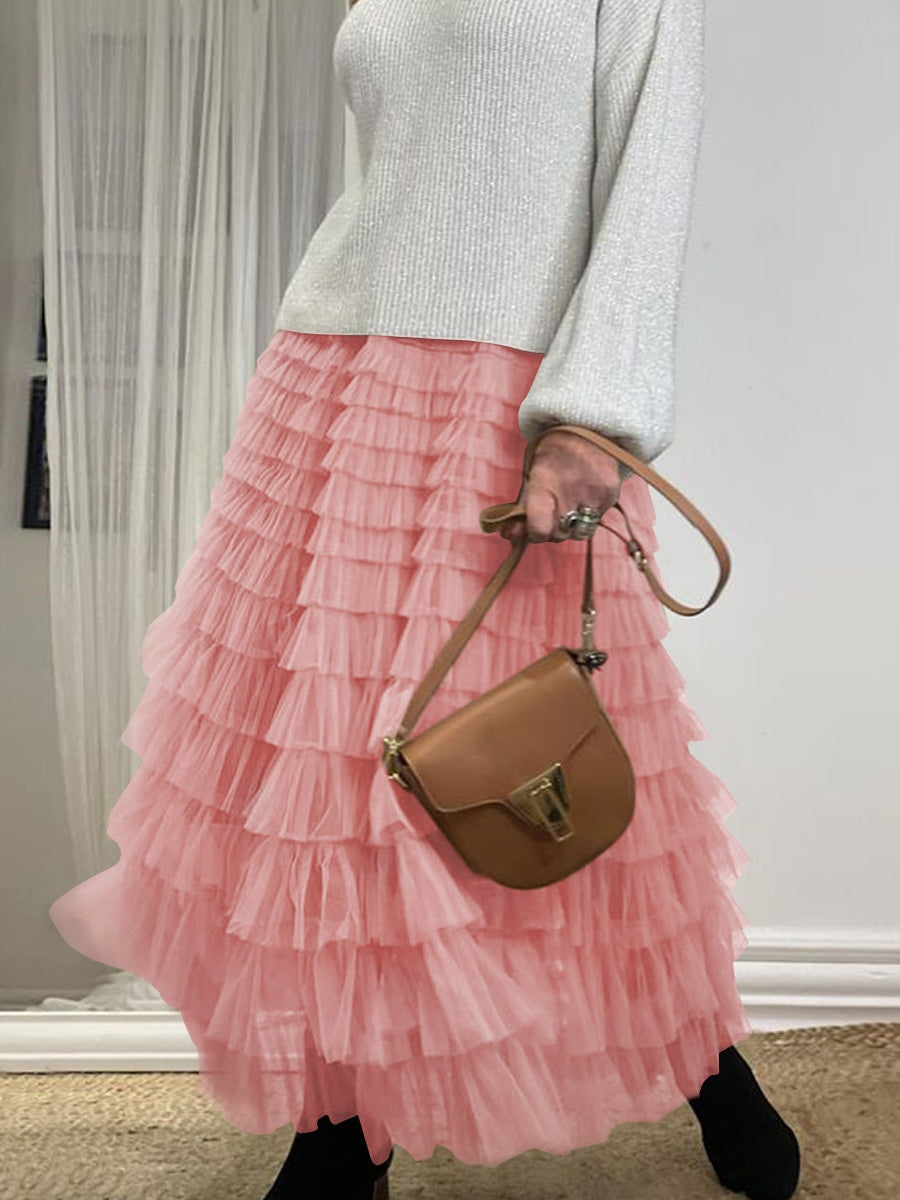 Layered Ruffles Mesh A-Line Swing Skirt Summer Party Dress for Women