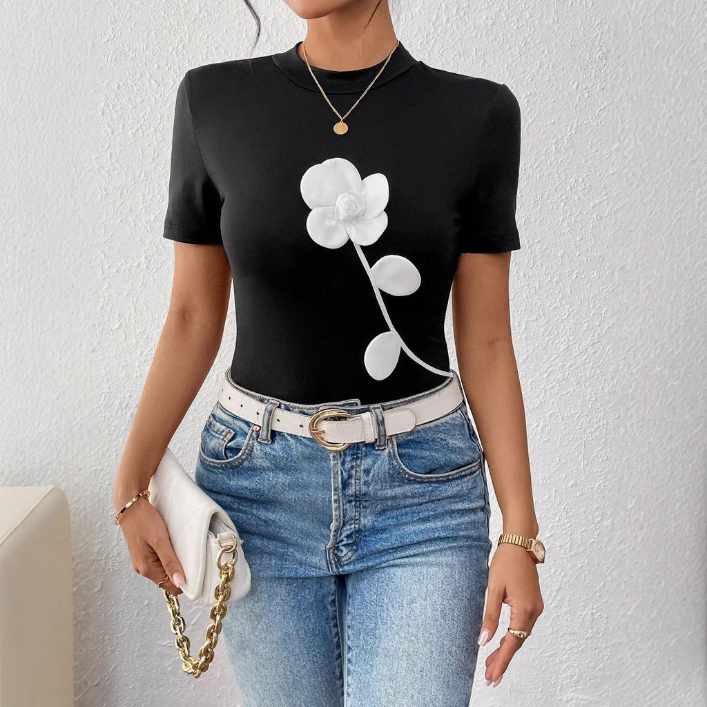 Ladies Slim Fit Black 3D Floral Embroidered Short Sleeve Pullover