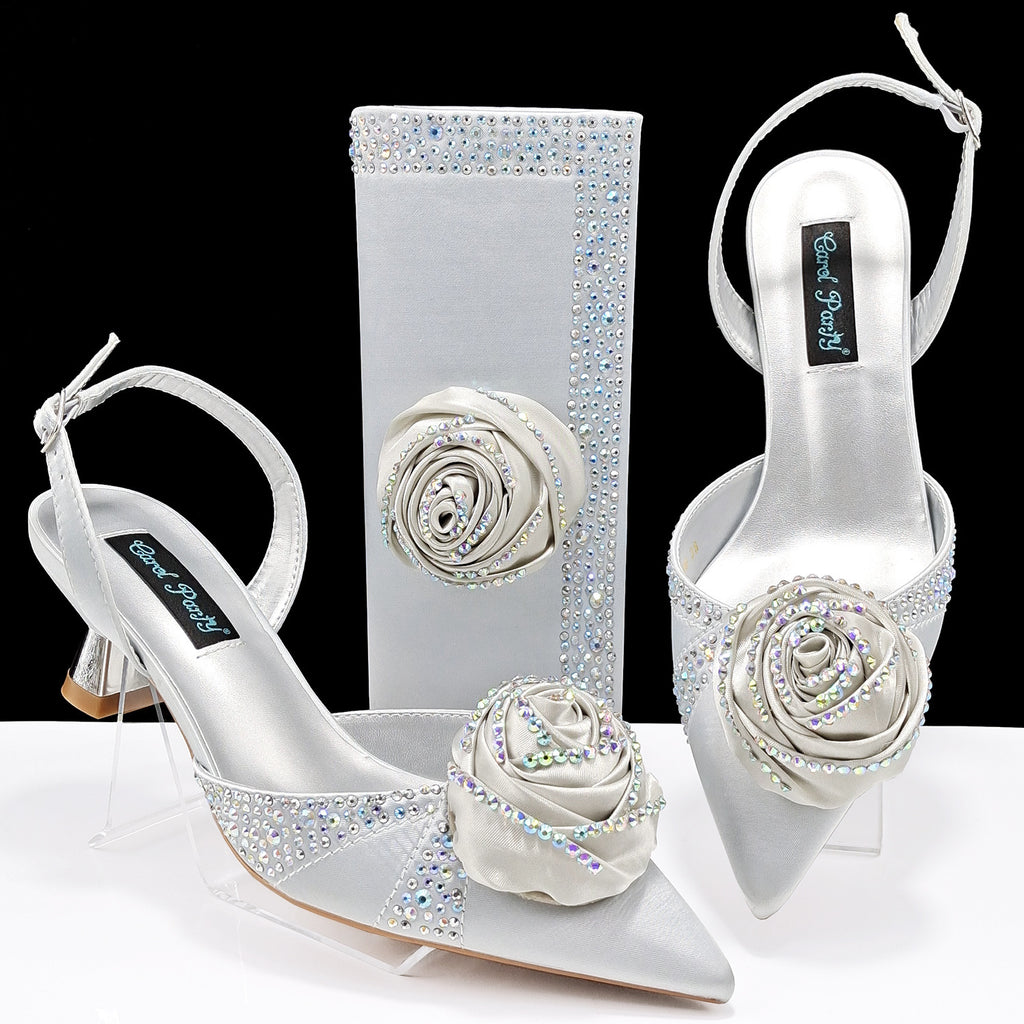 Handmade Satin High Heels & Bags Set with Flower Decoration