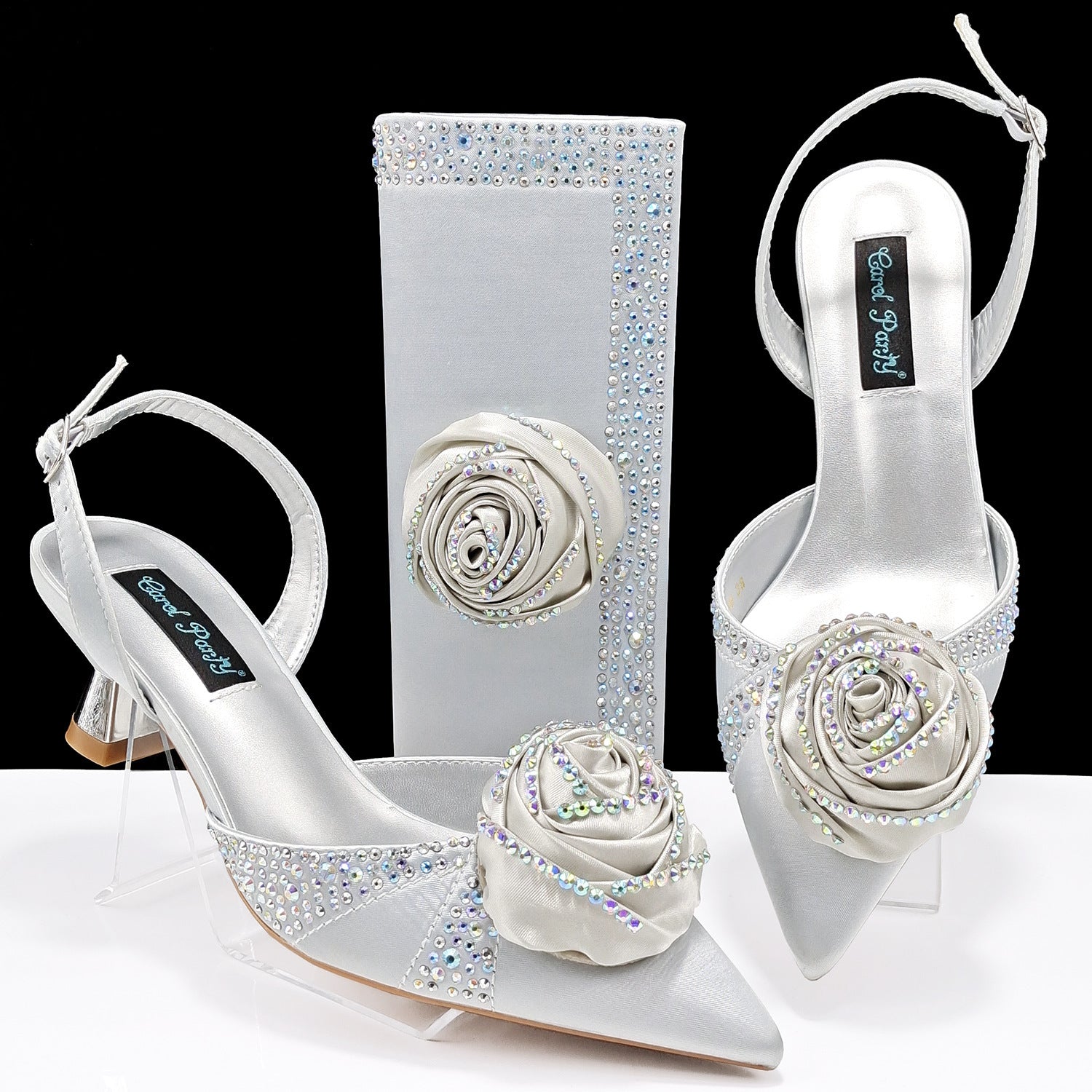 Handmade Satin High Heels & Bags Set with Flower Decoration