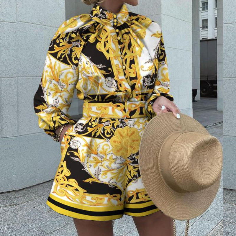 Women's Printed Long-Sleeve Top & Shorts Set