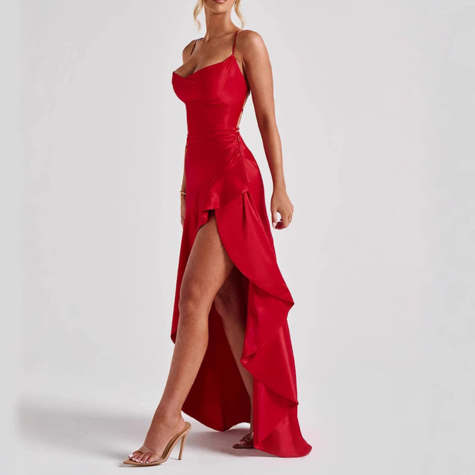 Robe longue bustier asymétrique à volants pour femme, sans manches, fendue, pour l'été, soirée, club