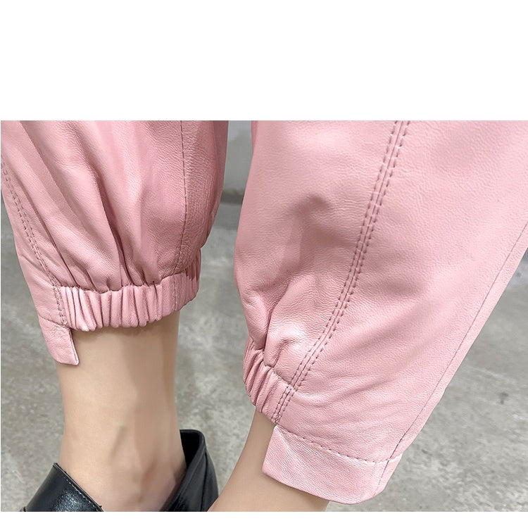 Women's Sheepskin Leather Harem Pants High Waist Elastic Leggings