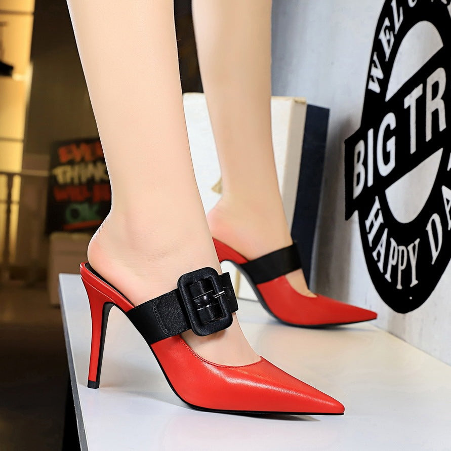 Women's Pointed Toe Slippers with Belt Buckle