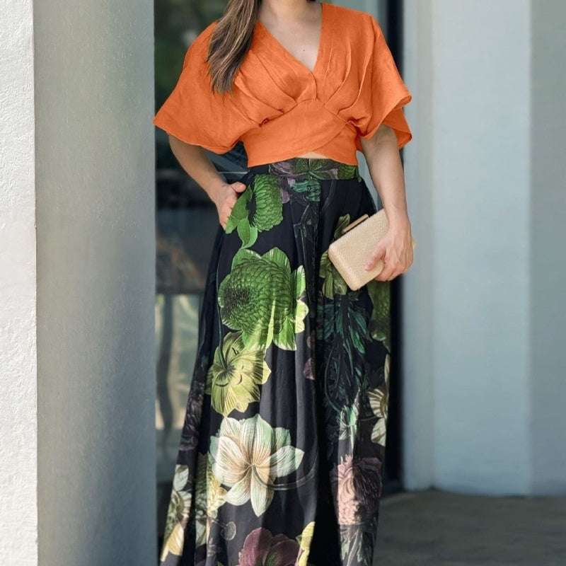 Women's Summer Printed Two-Piece Suit Short Sleeve Top & Pocket Trousers