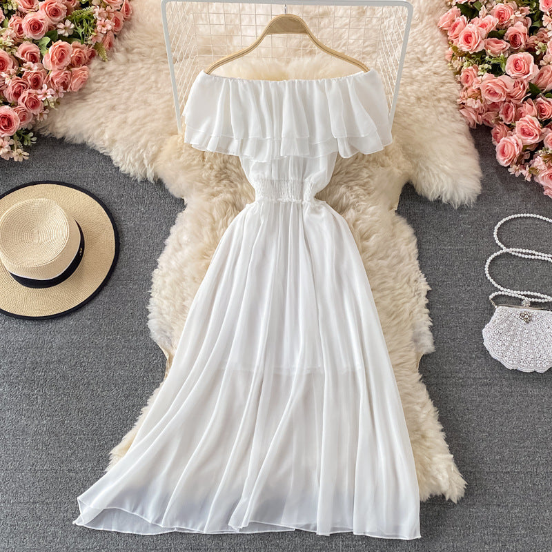 Robe trapèze en mousseline volantée à épaules dénudées, taille unique, plusieurs coloris