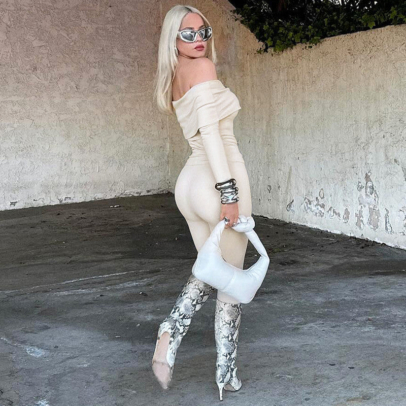 Rib Long Sleeve Off-shoulder Slim Trousers Two-piece Set