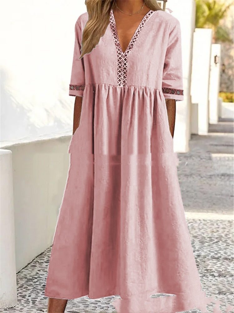 Solid Color Short Sleeve Lace V-neck Tight Waist Dress