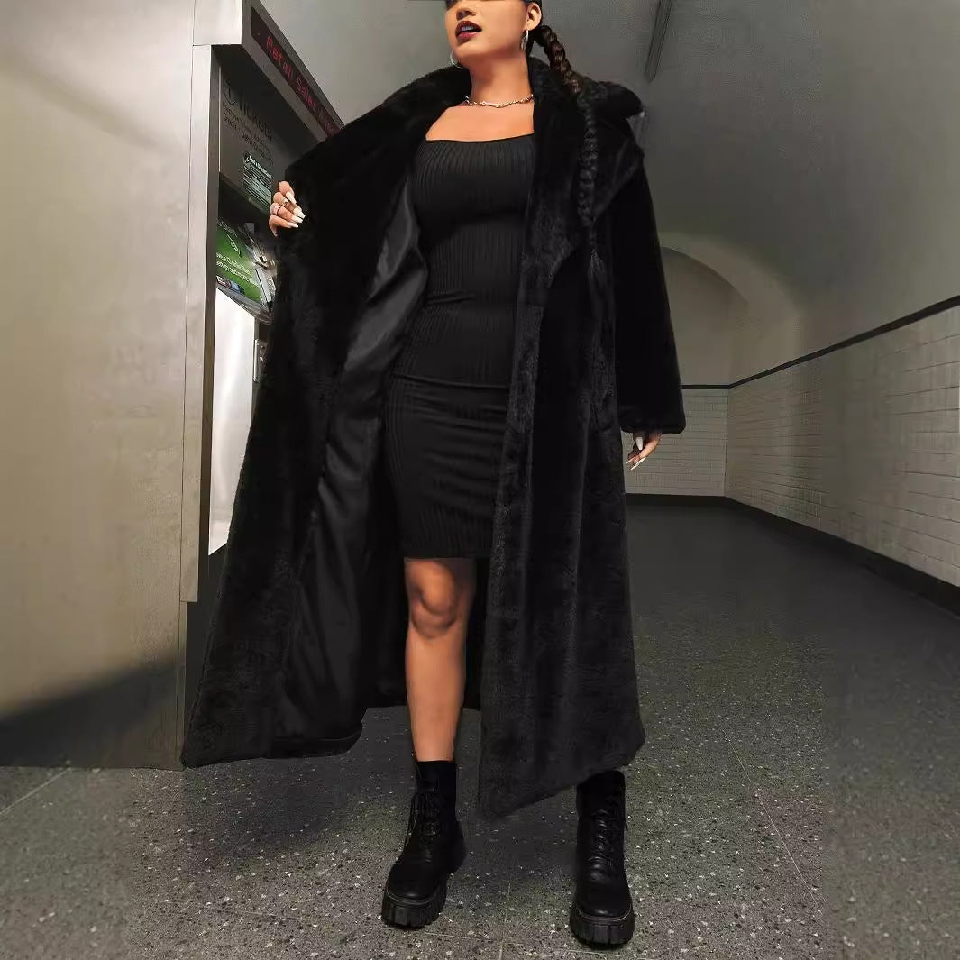 European & American Women's Black Long-Cut Coat Polyester XL-5XL