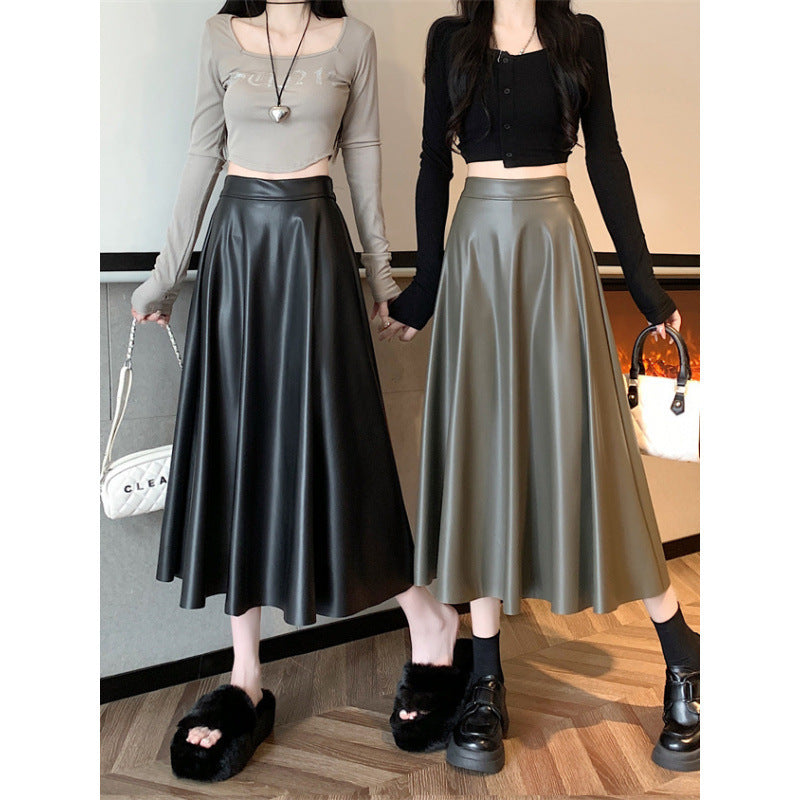 Mid-Length PU Leather Simple A-Line Umbrella Skirt in Army Green & Khaki