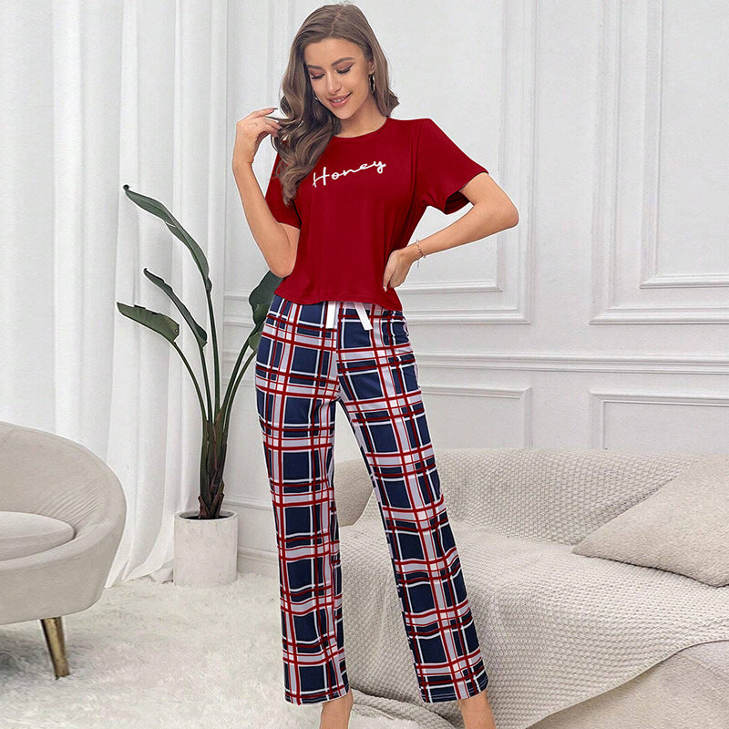 Plaid Short Sleeve Cropped Pants Set Casual
