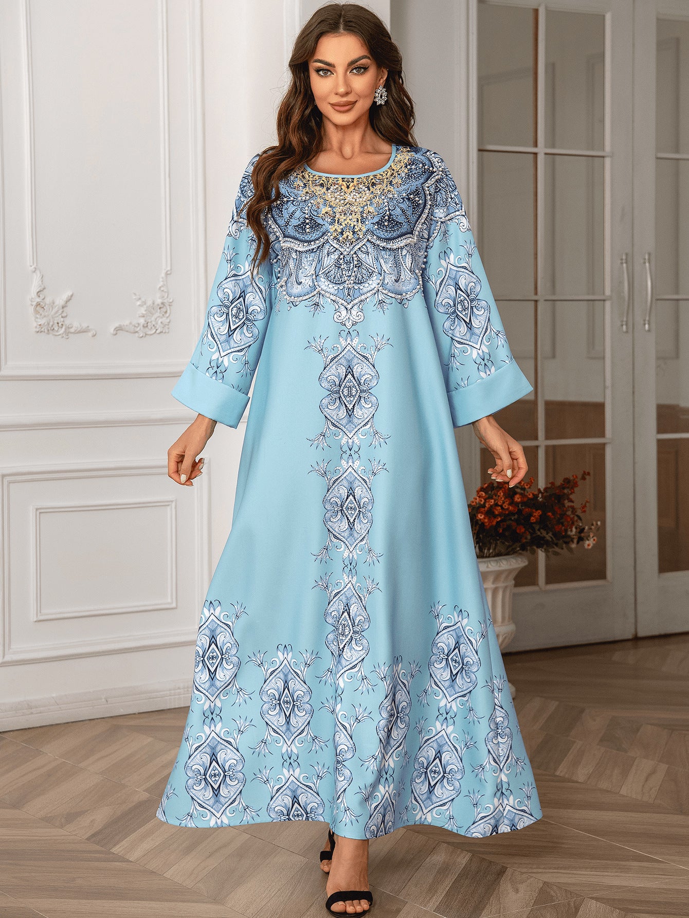 High Density Rhinestone Floral-print Beaded Arabian Elegant Abaya Round Neck Dress
