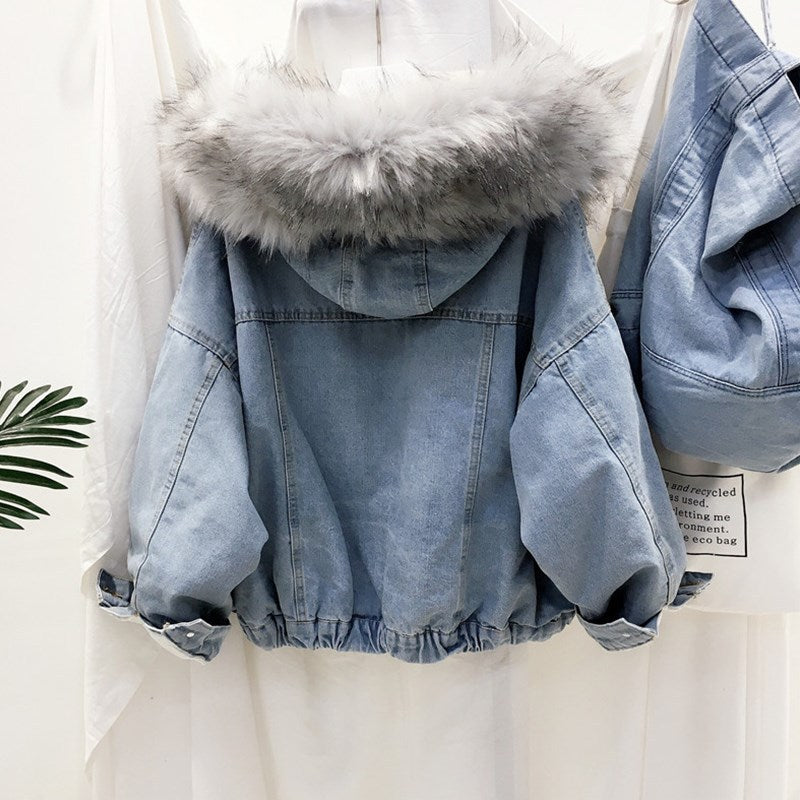 Plush Padded Cotton Denim Jacket with Long Sleeves