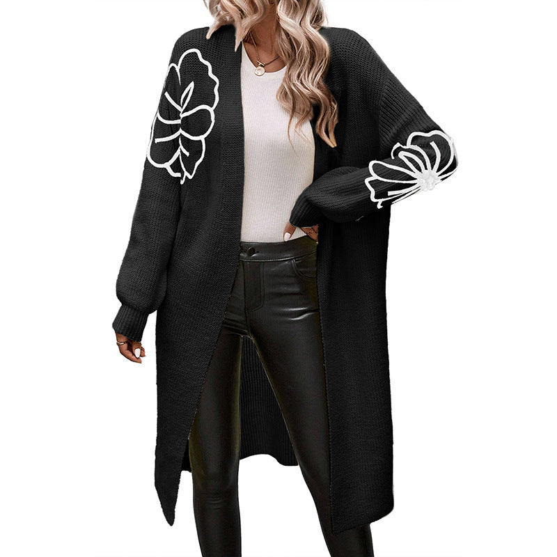 Women's Medium-Length Flower Embroidered Cardigan Sweater