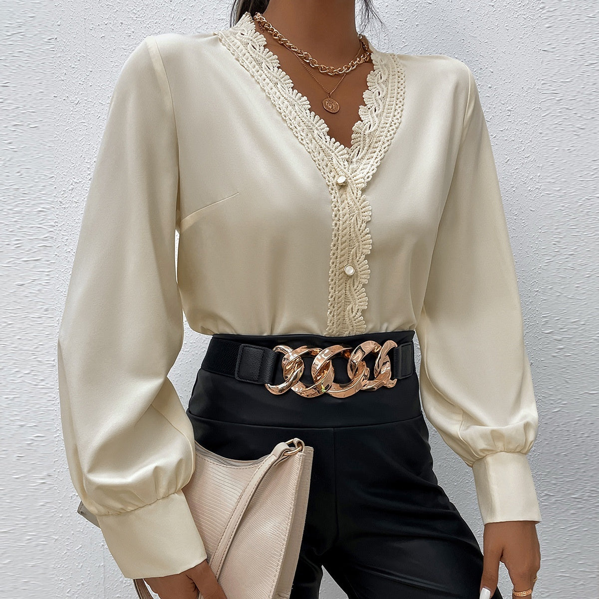 Elegant Apricot Eyelash Lace V-Neck Shirt for Women, Long Sleeve, Polyester, S-XL
