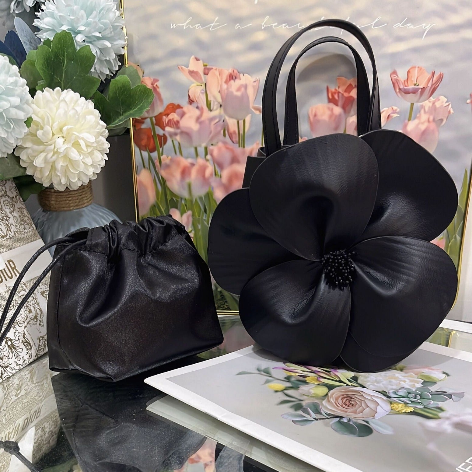Sac cabas en PU avec fleur pétale de style français, sac à bandoulière
