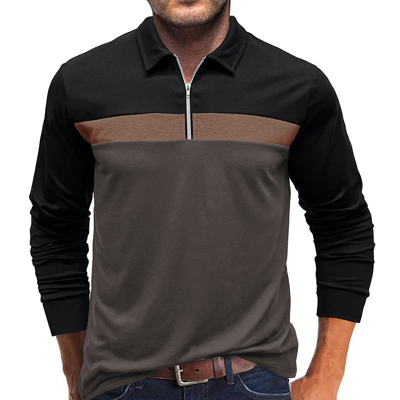 Men's Autumn Winter Lapel Colorblock Polo Shirt with Zipper Detail