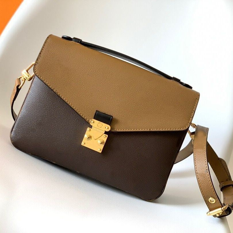Women's Color Matching Genuine Leather L Square Messenger Shoulder Bag 25x19x7cm