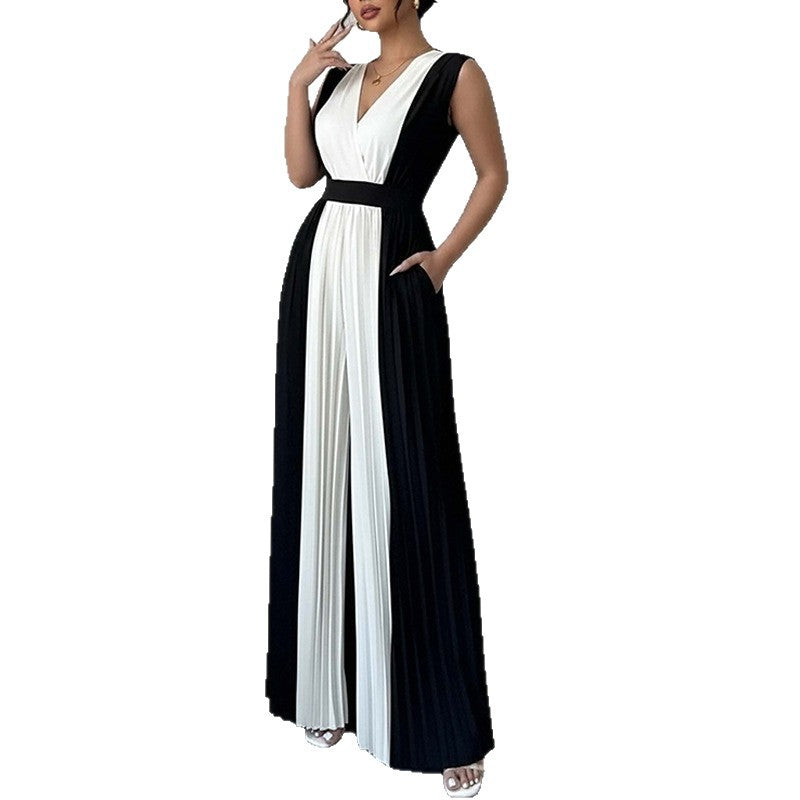 Women’s Elegant Sleeveless Printed V-Neck Wide-Leg Jumpsuit