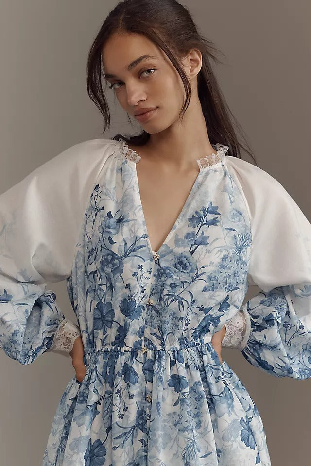Women's Blue Floral Vintage Dress with Stand-Up Collar and Puff Sleeves