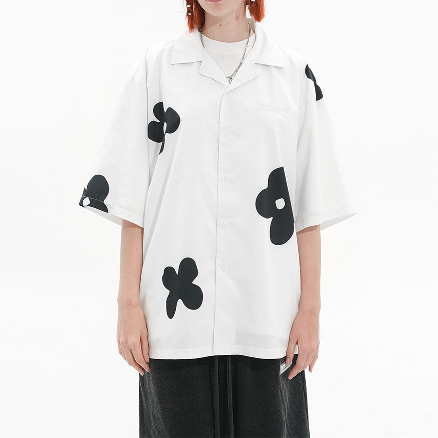 Vintage Hand Drawn Silhouette Floral Cuban Collar Short Sleeve Shirt