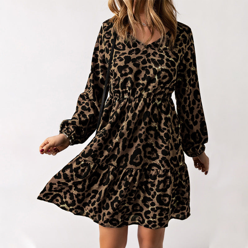 Leopard Print Long Sleeve Pullover Dress for Women