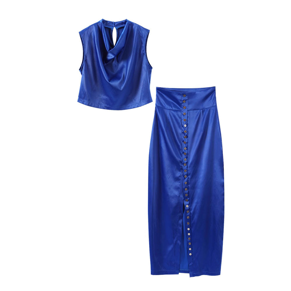 Summer Sleeveless Pile Collar Top with Breasted Slim Fit Skirt Set in Blue & Black