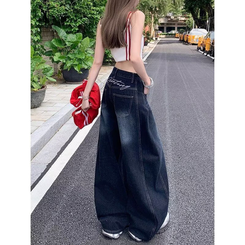 Women's High Waist Dark Blue Wide Leg Denim Jeans