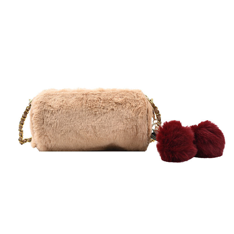 Winter Plush Cylinder Baguette Bag with Cherry Metal Chain