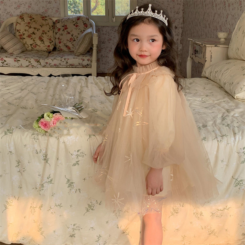 Girls Champagne Mesh Lantern Sleeve Casual Princess Dress