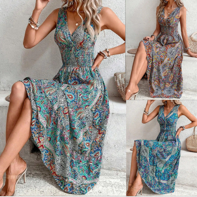 Women's Sleeveless High Waist Bohemian Dress with Temperament Style