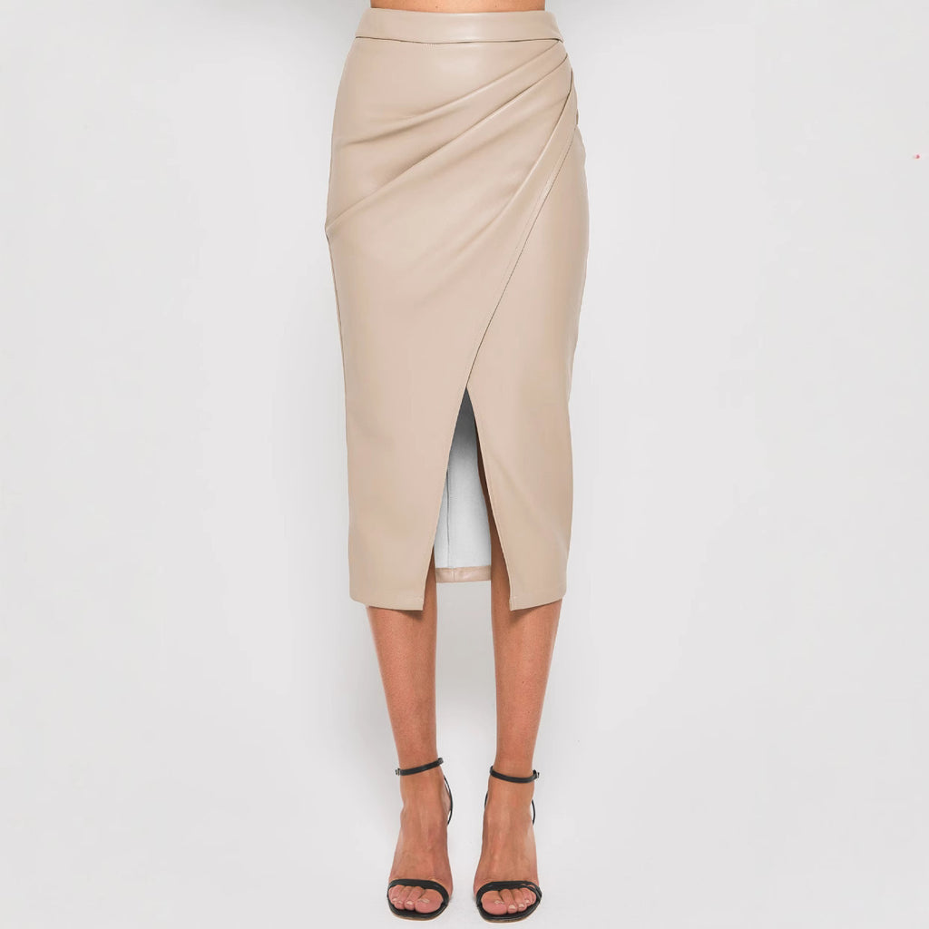 Women's High Waist Zipper Pleated PU Leather Skirt