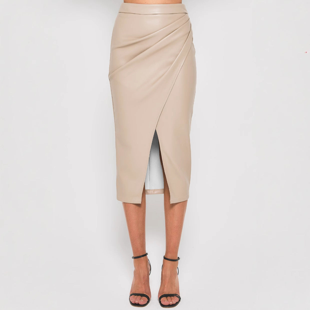 Women's High Waist Zipper Pleated PU Leather Skirt