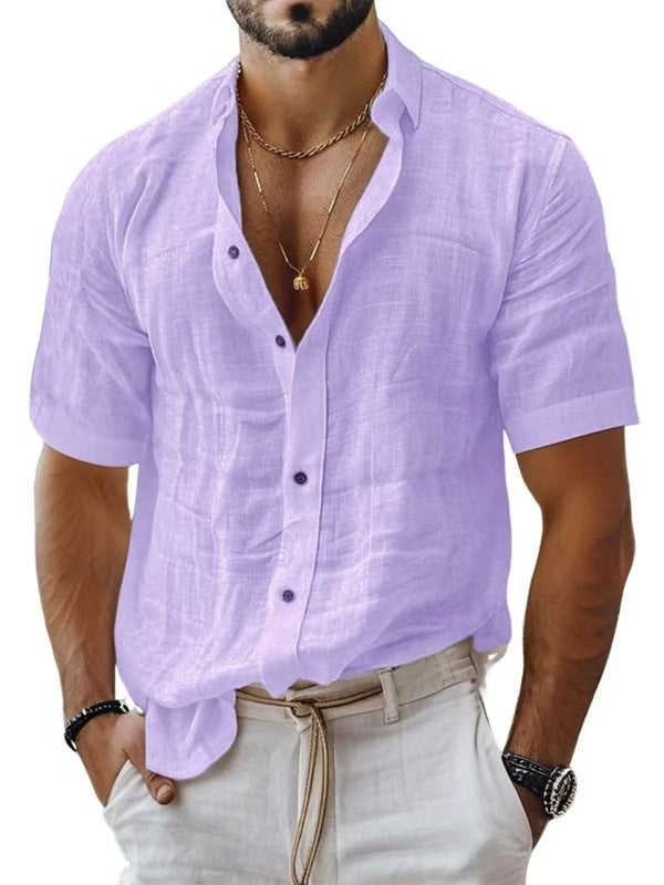 Men's Short Sleeve Cotton Linen Lapel Shirt