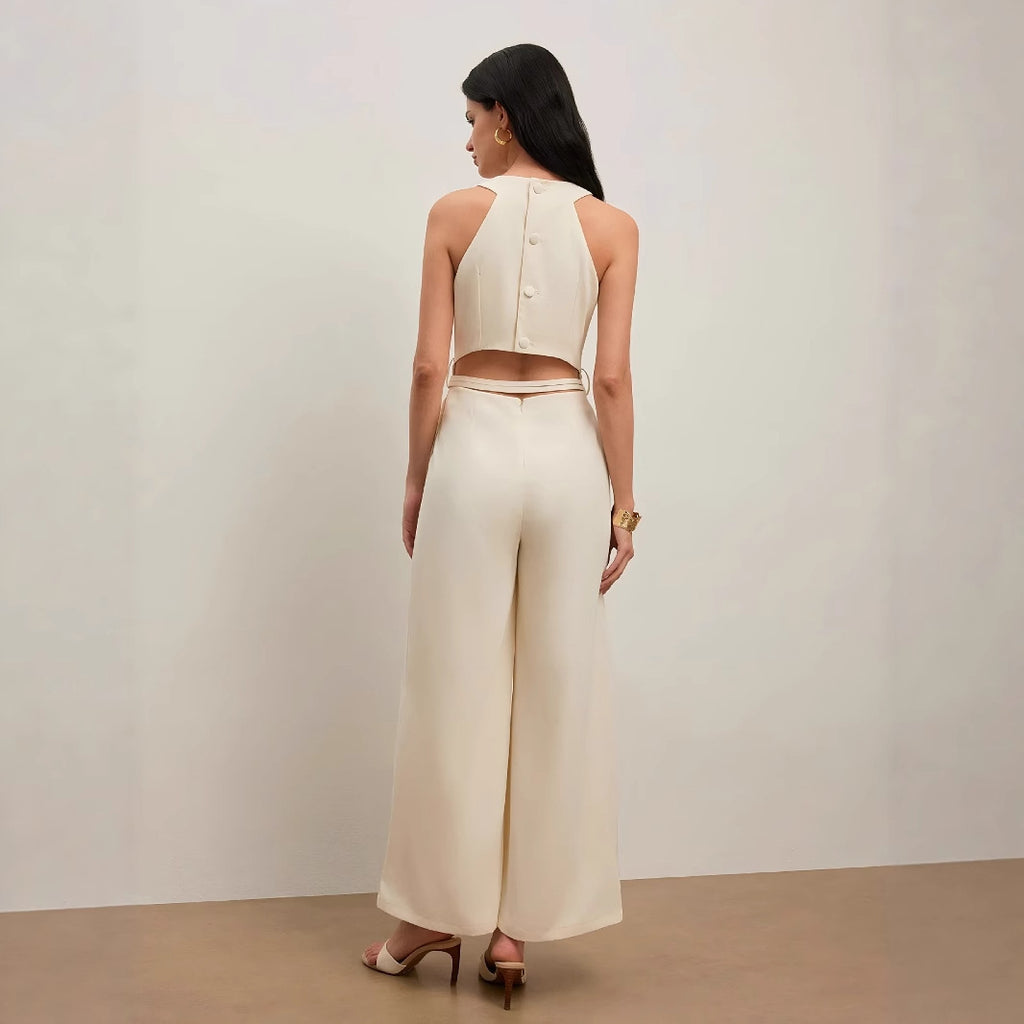 Women's Apricot V-Neck Sleeveless Polyester Jumpsuit