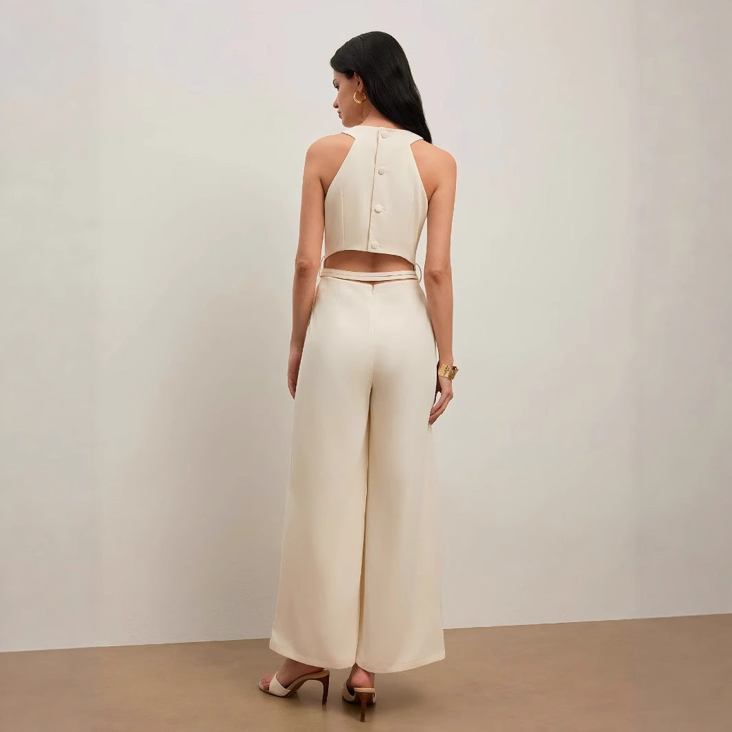 Women's Apricot V-Neck Sleeveless Polyester Jumpsuit